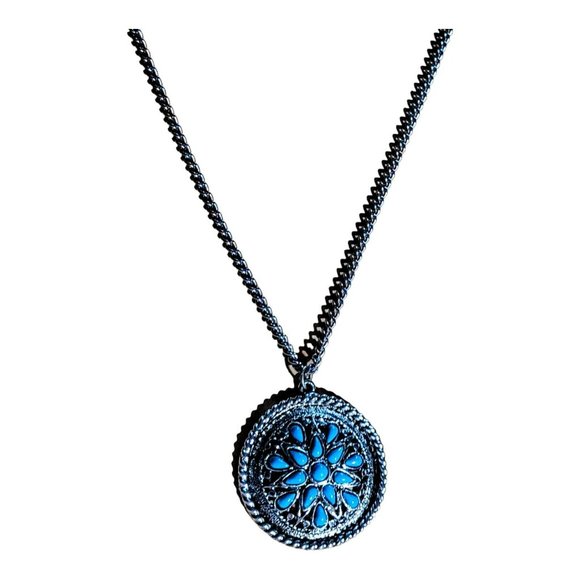 Silver Tone Faux Turquoise Pendant on 24" Chain Women Teen Casual Gift AUG-nk4 - Picture 3 of 5